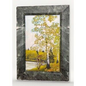 Vintage Russian Landscape Crushed Gemstone Painting Autumn Marble Stone Frame